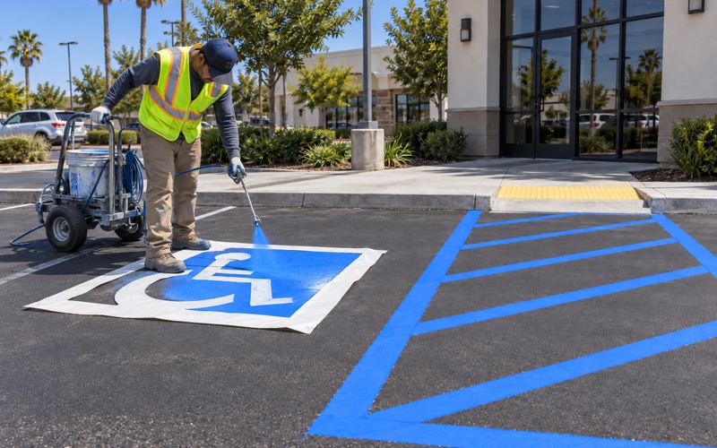 Worker spraying the blue field of an accessible stall symbol, the hatched access aisle already marked alongside and running to a curb ramp.