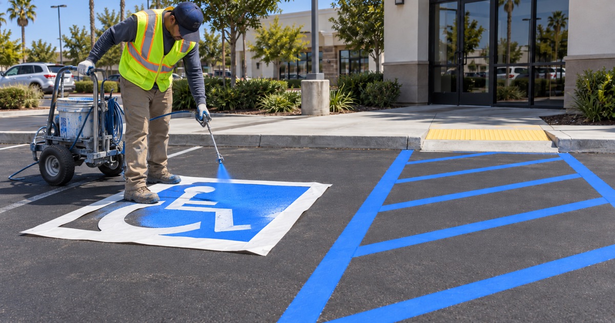 Worker spraying the blue field of an accessible stall symbol, the hatched access aisle already marked alongside and running to a curb ramp.