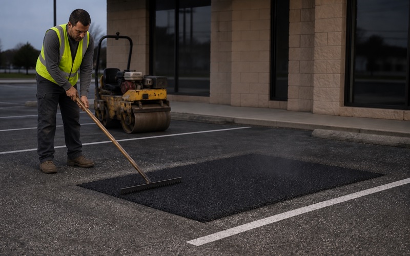 Worker raking hot mix into a saw-cut patch in a parking lot, the cut edges square against sound asphalt and a walk-behind roller waiting alongside.