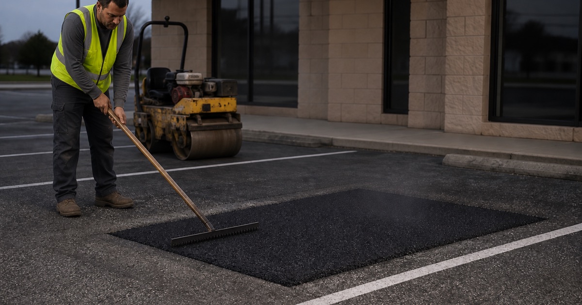 Worker raking hot mix into a saw-cut patch in a parking lot, the cut edges square against sound asphalt and a walk-behind roller waiting alongside.