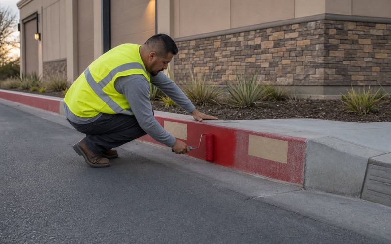 Worker repainting a fire lane CURB red along a commercial frontage, the masked lettering panels left blank and the driving surface unpainted.