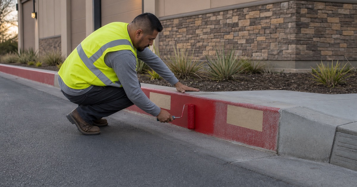 Worker repainting a fire lane CURB red along a commercial frontage, the masked lettering panels left blank and the driving surface unpainted.