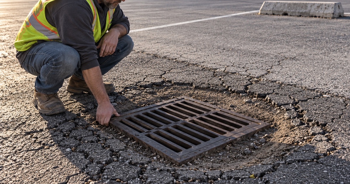 Worker crouched at a lot’s catch basin with one hand on the grate frame, alligator cracking spreading from the low point into sound asphalt beyond.