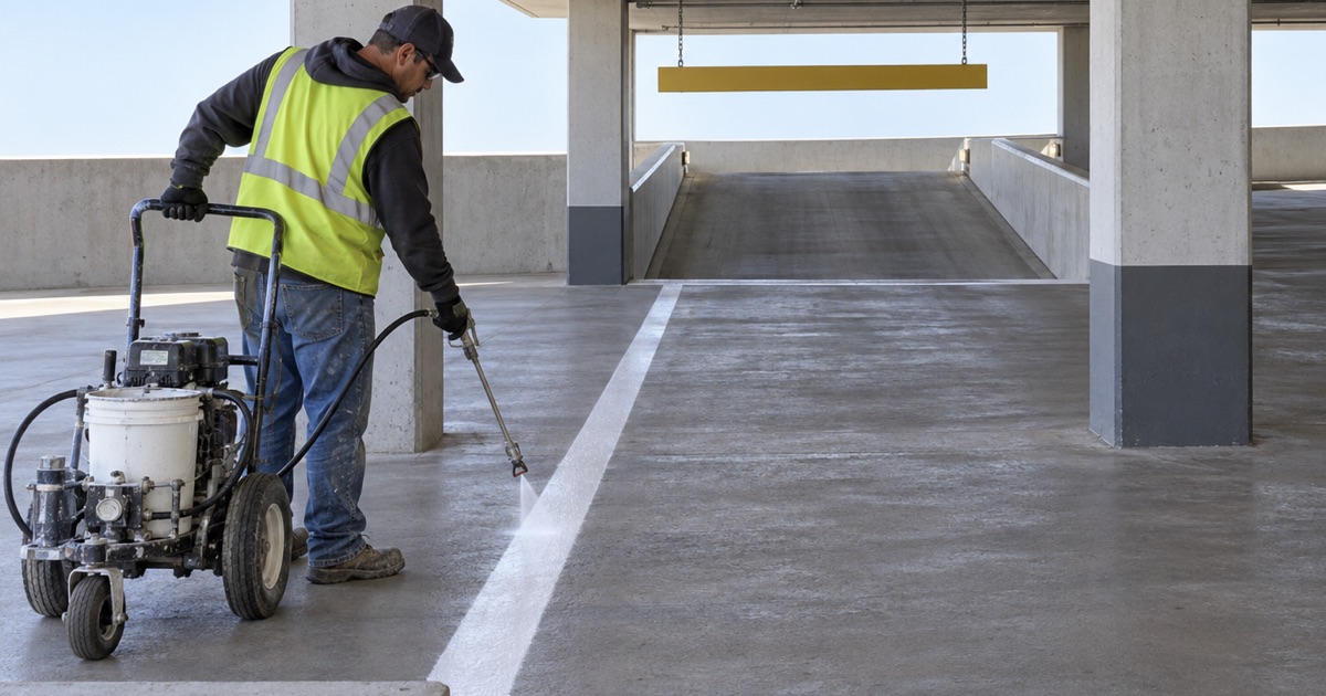 Worker spraying a stall line on an above-grade parking deck, the line running back between painted columns toward the head of a down ramp.