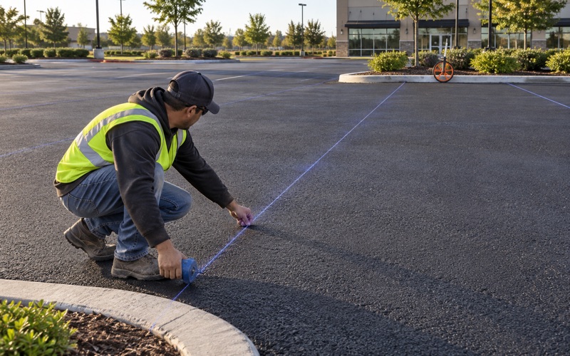 Worker snapping a chalk line across bare asphalt to set out a new stall run, the blue chalk marks running back to a curb with no paint laid yet.