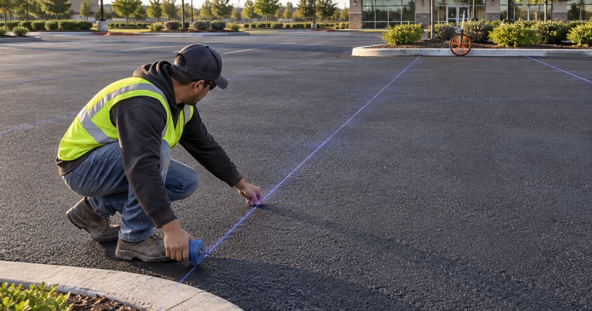 Worker snapping a chalk line across bare asphalt to set out a new stall run, the blue chalk marks running back to a curb with no paint laid yet.
