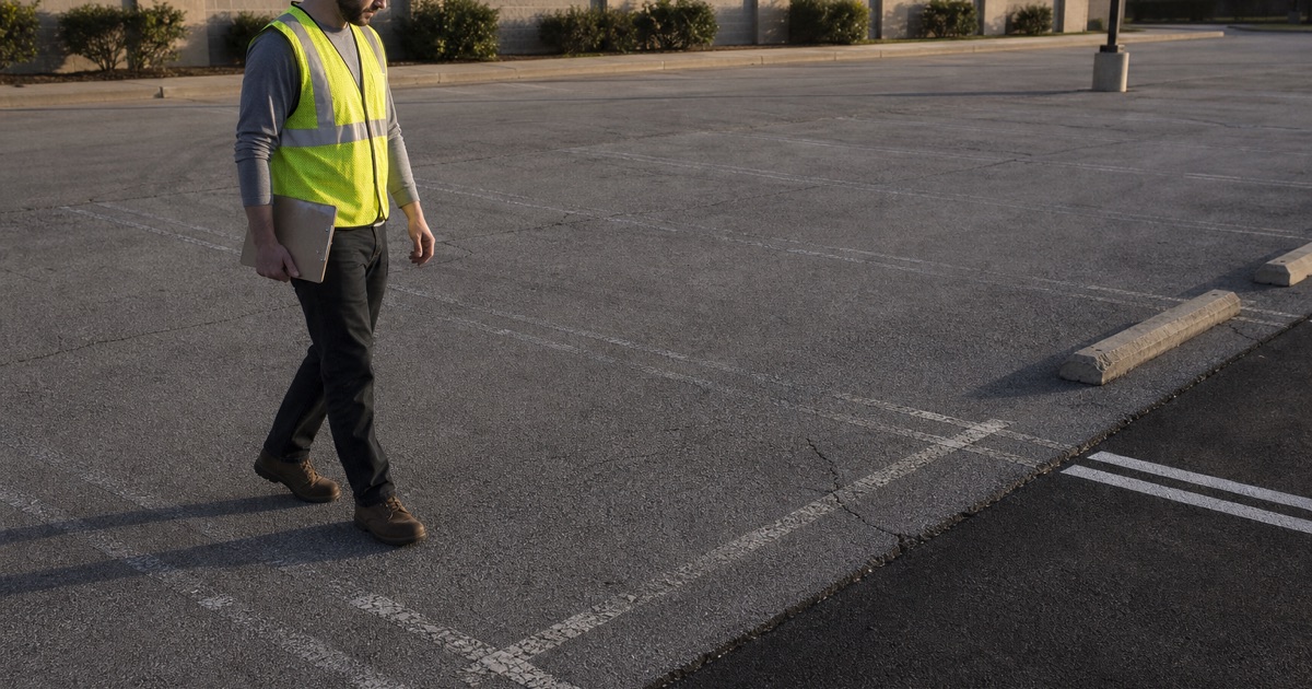 Contractor walking a lot at low sun on an inspection round, clipboard held closed against his side and faded stall lines running away to a curb.