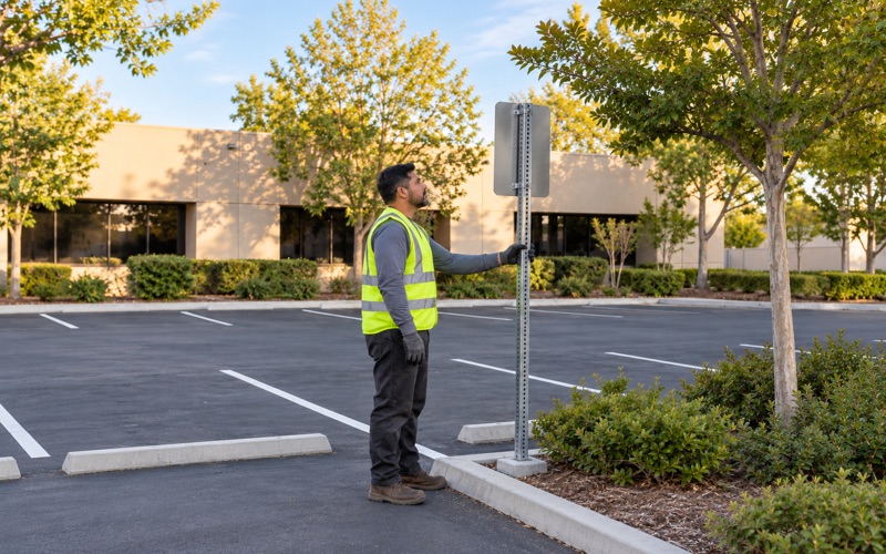 Worker holding a sign post plumb in its footing at the head of a stall, the sign face turned oblique to the camera and the stall marked below it.