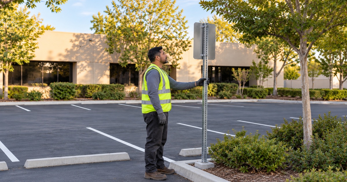 Worker holding a sign post plumb in its footing at the head of a stall, the sign face turned oblique to the camera and the stall marked below it.