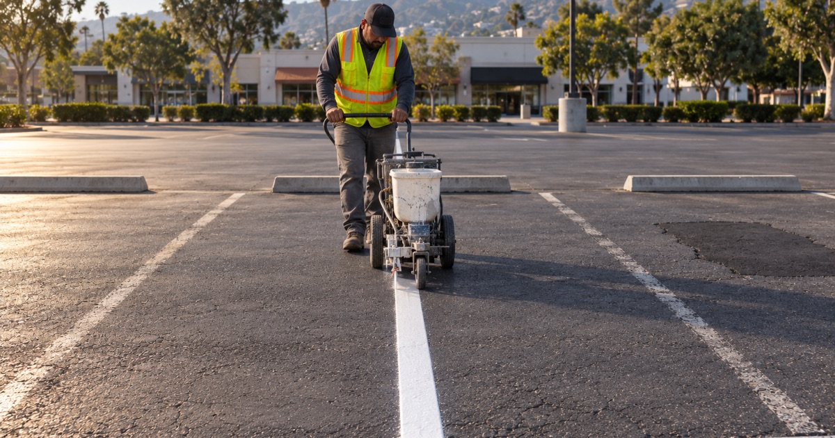 Striping contractor walking a walk-behind line striper down a Glendale commercial lot, the fresh white stall line running back from the machine to a wheel stop at the row’s end.