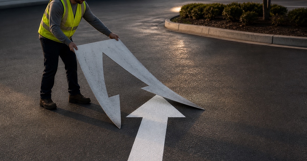 Worker lifting a large sheet stencil clear of a freshly painted white directional arrow, the arrow pointing away toward the drive aisle it serves.