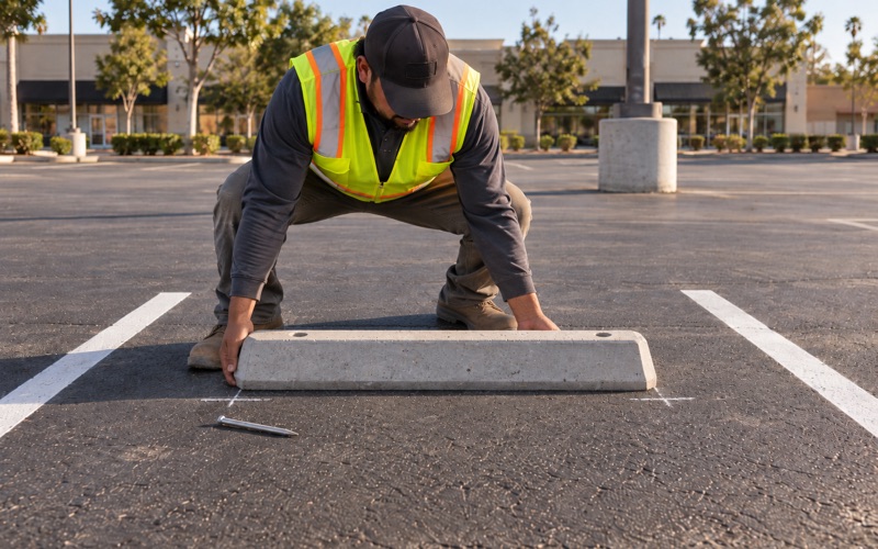 Worker lowering a precast concrete wheel stop onto its marked position at a stall head, the drilled anchor hole and steel spike ready beside it.