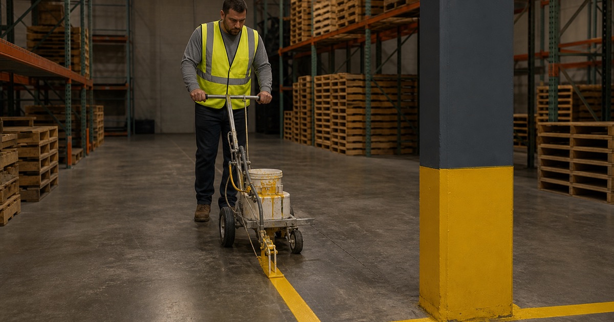 Operator walking a line striper down a warehouse aisle, the fresh yellow aisle line running back between pallet racking to a painted column base.